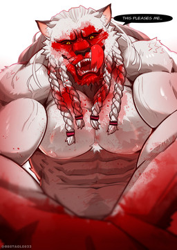 abs anthro biceps black_sclera blood blood_in_mouth blood_on_arm blood_on_chest blood_on_face blood_on_fur bodily_fluids braided_mane deltoids dialogue face_lick fur hair licking looking_at_viewer male muscular muscular_anthro muscular_male nipples pecs reaching_towards_viewer serratus simple_background solo text tongue triceps veiny_arms white_background white_body white_fur white_hair yellow_eyes obstacle033 image_comics invincible_(image_comics) thokk_(invincible) alien dornian felid mammal 2026 absurd_res digital_media_(artwork) english_text hi_res