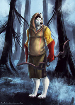 anthro black_body black_fur black_nose blue_eyes bow_(weapon) closed_smile clothed clothing fur glistening glistening_eyes grass holding_bow_(weapon) holding_object holding_ranged_weapon holding_weapon male male_anthro mouth_closed outside plant ranged_weapon smile solo standing tree weapon white_body white_fur satanic_monkey canid canine canis domestic_dog mammal hi_res