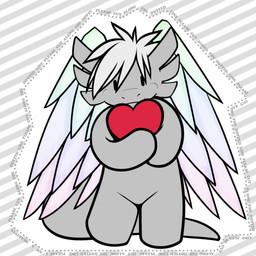 ambiguous_gender anthro feathered_wings feathers front_view grey_body hair heart_symbol holding_object plushie solo standing tail text wings shiuk mythology kirakia dragon mythological_creature mythological_scalie scalie 1:1 english_text male_(lore)