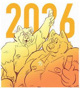 anthro belly big_belly biped cute_fangs drunk duo eyes_closed fangs male moobs nipples open_mouth overweight overweight_male substance_intoxication teeth text 06junior11 canid canine canis domestic_dog mammal 2026 absurd_res hi_res