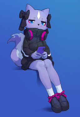accessory anthro black_clothing black_footwear black_jacket black_shoes black_topwear blue_eyes bow_ribbon cellphone clothing electronics female fluffy fluffy_tail footwear fur hair_accessory hair_bow hair_ribbon half-closed_eyes head_markings headphones headphones_around_neck jacket looking_at_viewer markings narrowed_eyes phone purple_body purple_fur ribbons smartphone solo tail thin_calves thin_legs thin_thighs topwear landypommel aggretsuko sanrio shikabane_(aggretsuko) mammal mephitid skunk hi_res
