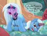 age_regression blush cub dialog english_text equine eyes_closed female friendship_is_magic group hair happy hat horn horse inside lactating looking_at_viewer magic mammal multi-colored_hair my_little_pony on_bed pegasus pony pregnant purple_eyes smile smudge_proof tears teats text trixie_(mlp) twilight_sparkle_(mlp) unbirthing unicorn wings young
Rating: Explicit
Score: -1
User: Smudge_Proof
Date: March 10, 2014
