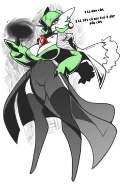 3_toes black_clothing breasts chest_spike clothing ear_piercing ear_ring feet female female_humanoid genitals green_body green_hair hair hair_over_eye hand_on_hip markings mole_(marking) mole_on_breast mole_on_cheek mole_on_thigh not_furry orange_eyes piercing ring_piercing spikes spikes_(anatomy) standing text toes translucent translucent_clothing vulva white_body white_clothing zzvinniezz nintendo pokemon gardevoir generation_3_pokemon humanoid pokemon_(species) 2026 absurd_res hi_res