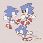 anthro biped black_eyes blue_body blue_fur clothing footwear fur gloves handwear male motion_lines running shoes simple_background smile solo tan_background walking buke3jp classic_sonic_(universe) sega sonic_the_hedgehog_(series) classic_sonic sonic_the_hedgehog eulipotyphlan hedgehog mammal traditional_media_(artwork)