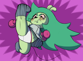 anthro blush clothed clothing dress female green_body hair kick long_hair panties solo spread_legs spreading tail underwear upskirt young young_anthro young_female skelly_skelly cartoon_network ok_k.o.!_let's_be_heroes fink_(ok_k.o.!_lbh) mammal mouse murid murine rodent 2026
