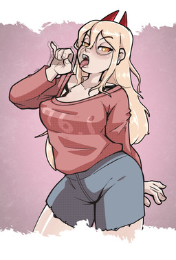 blonde_hair blue_bottomwear blue_clothing blue_shorts blush bottomwear breasts clothed clothing eyelashes fellatio_gesture female front_view gesture hair horn long_hair looking_at_viewer nipple_outline open_mouth pupils purple_background red_clothing red_horn red_topwear shorts simple_background solo suggestive suggestive_gesture tan_body tan_skin thick_thighs tongue tongue_out topwear unusual_pupils white_background wide_hips strawberryxkiwi chainsaw_man power_(chainsaw_man) horned_humanoid humanoid absurd_res hi_res