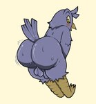 anthro anus balls beak big_butt blush blush_lines bodily_fluids bubble_butt butt feathers foreskin genitals glistening glistening_body glistening_butt male penis solo sweat sweaty_butt tail tail_feathers thick_thighs alekoin avian bird corvid corvus_(genus) crow oscine passerine