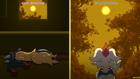 anthro black_body black_fur blue_body blue_fur duo female fur lying_on_ground male on_ground red_body red_fur standing sun white_body white_fur cuchuflin nintendo pokemon cinder_(cuchuflin) rio_(cuchuflin) cinderace generation_6_pokemon generation_8_pokemon mega_evolution mega_lucario pokemon_(species) 2025 comic hi_res