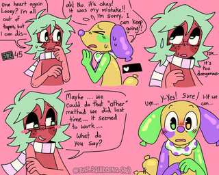 anthro bangs blush blush_lines blush_stickers cartoon_freckles dialogue duo duo_focus duo_in_panel food freckled_arms freckled_face freckles fruit group herm intersex plant speech_bubble talking_to_viewer text just_squidding blushcrunch_studio dandy's_world roblox looey_(dandy's_world) sprout_(dandy's_world) elemental_creature flora_fauna food_creature living_fruit english_text hi_res