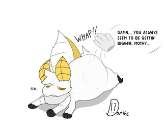 4_arms antennae_(anatomy) anthro arthropod_abdomen big_butt blush butt butt_jiggle butt_slap claws disembodied_hand duo ellipsis femboy fur grey_body grey_fur jiggling looking_pleasured lying male multi_arm multi_limb narrowed_eyes on_front simple_background slap sound_effects spanking speech_bubble text white_background white_body white_fur yellow_body domiel domiel_(character) arthropod insect lepidopteran moth artist_name english_text hi_res