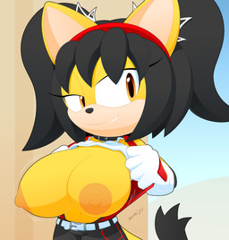 accessory anthro areola big_areola big_breasts big_nipples breasts clothed clothing collar exposed_breasts female flashing hair_accessory hairband jacket jiggling nipples open_clothing open_jacket open_topwear raised_clothing raised_shirt raised_topwear shirt solo topwear slickehedge sega sonic_the_fighters sonic_the_hedgehog_(series) honey_the_cat domestic_cat felid feline felis mammal hi_res