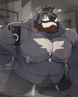 anthro arm_hair beard belly biceps black_body black_bottomwear black_clothing black_fur black_pants body_hair bottomwear brown_hair chest_markings clothed clothing eyewear facial_hair fur genitals glasses green_eyes hair highlights_(coloring) holding_fur male markings muscular muscular_anthro muscular_male mustache navel nipple_piercing nipple_ring nipples pants pecs penis piercing pubes ring_piercing solo teal_highlights topless vein veiny_penis white_body white_fur hugothecorgo huge_(hugothecorgo) bear black_bear mammal moon_bear ursine 2026 absurd_res hi_res