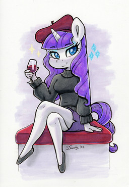 alcohol anthro anthrofied beret beverage blue_eyes breasts chibi clothing container crossed_legs cup cutie_mark drinking_glass eyebrow_through_hair eyebrows eyelashes female footwear glass glass_container glass_cup hair hat headgear headwear holding_beverage holding_object horn long_hair looking_at_viewer purple_hair shoes sitting smile solo sparkles sweater topwear translucent translucent_hair wine wine_glass dandy_(artist) friendship_is_magic hasbro my_little_pony mythology rarity_(mlp) equid equine mammal mythological_creature mythological_equine unicorn 2022 absurd_res hi_res traditional_media_(artwork)