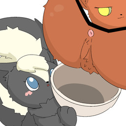 ambiguous_gender anus big_tail black_body black_fur black_tail blue_eyes blush blush_lines bowl butt container cutaway duo expression_cutaway eye_contact feral fur high-angle_view holding_object implied_scat looking_at_another mouth_closed naughty_face open_mouth orange_body orange_fur pink_anus presenting presenting_anus presenting_hindquarters shy simple_background tail toony tuft yellow_eyes young young_feral toilet_paper_(pixiv) canid canine fox mammal mephitid skunk 1:1 2026 digital_media_(artwork)