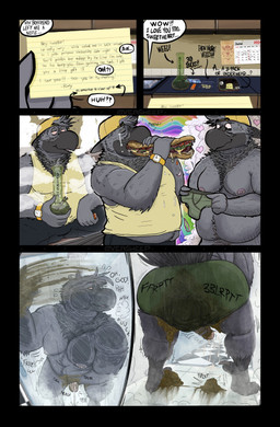 anthro backwards_hat baseball_cap bodily_fluids bong briefs claws clothing cum drugs eating ejaculation fart feces feces_blowout feces_on_body feces_on_ground feces_on_penis feces_pile food genital_fluids genitals hat headgear headwear lighter male marijuana masturbation messy nipple_piercing nipples onomatopoeia overweight overweight_anthro overweight_male penis piercing sandwich_(food) shower smearing soiling soiling_bottomwear soiling_underwear solo sound_effects standing text toe_claws underwear oversheep max_(oversheep) avian comic english_text hi_res