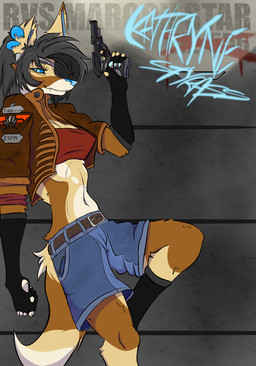 anthro belt belt_buckle black_clothing black_gloves black_handwear blue_eyes blue_nose bottomwear brown_body buckle clothing denim denim_bottomwear denim_clothing denim_shorts ear_piercing female gloves grey_hair gun hair handgun handwear holding_gun holding_handgun holding_object holding_pistol holding_ranged_weapon holding_weapon jacket leather leather_clothing leather_jacket leather_topwear piercing pistol ranged_weapon shorts simple_background solo tail topwear weapon anauga1 kathryne_styrass_(anauga1) canid canine fox mammal digital_media_(artwork) digital_painting_(artwork) hi_res painting_(artwork)