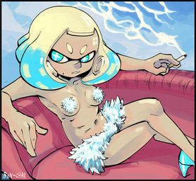 blue_eyes breasts cigarette clothing female footwear high_heels navel pseudo_hair shoes solo tentacle_hair tentacles water box_chan nintendo splatoon pearl_(splatoon) animal_humanoid aquatic aquatic_humanoid cephalopod cephalopod_humanoid humanoid inkling mollusk mollusk_humanoid 2026 hi_res
