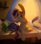 bed bedding blanket book curtains cutie_mark duo early eyes_closed female feral furniture green_hair hair hooves light lying morning morning_stretch open_mouth pillow purple_hair sleeping stretching sun sunlight window yawn poisewritik friendship_is_magic hasbro my_little_pony high_heels_(mlp) mane-iac_(mlp) earth_pony equid equine horse mammal pony 2016 2017 hi_res