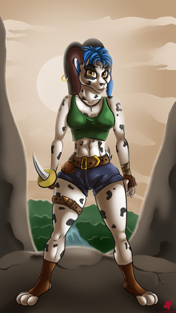 anthro belt bottomwear clothing dagger ear_piercing ear_ring female knife looking_at_viewer melee_weapon piercing ring_piercing shirt shorts solo standing_position tank_top topwear weapon harkrun lagomorph leporid mammal rabbit 9:16 hi_res