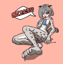 5_fingers 5_toes :3 anthro bent_legs bikini bikini_top bikini_top_only black_sclera blue_bikini blue_clothing blue_eyes blue_swimwear blush bottomless breasts clothed clothing dialogue eye_through_hair feet female fingers grey_body grey_hair hair hand_on_shoulder multicolored_body nipple_outline open_:3 open_mouth pink_background pose simple_background sitting slim small_breasts solo speech_bubble swimwear text toes topwear topwear_only translucent translucent_hair two-piece_swimsuit white_body unknown_artist seol_pyo_yeon_(shurueder) felid mammal pantherine snow_leopard korean_text pinup translated