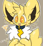 anthro brown_background collar collar_tag fur lightning_bolt_collar_tag male orange_eyes simple_background smile solo tail white_body white_fur yellow_body yellow_fur lewdchuu_(artist) nintendo pokemon jolt_(wm149) eeveelution generation_1_pokemon jolteon pokemon_(species) hi_res