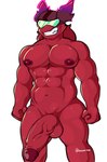 abs anthro areola athletic athletic_anthro athletic_male balls biceps big_areola big_balls big_penis eyewear fingers fur genitals goggles hair half-erect huge_penis long_hair male muscular muscular_anthro muscular_male navel nipples nude pecs penis red_body red_fur red_hair simple_background smile solo teeth text vein veiny_penis white_background baxter7020 nikolai_(redeyedgazer) demon 2023 absurd_res artist_name digital_drawing_(artwork) digital_media_(artwork) hi_res signature