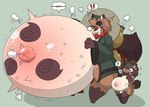 anthro balls bell belly belly_expansion belly_inflation belly_size_difference big_balls big_belly black_sclera blush blush_lines bodily_fluids bottle breasts brown_body brown_clothing brown_fur brown_hair brown_tail bulge clothing collar container crying duo exclamation_point expansion eye_scar facial_scar fangs flame_markings flame_pattern fur genitals green_clothing gynomorph hair happy huge_balls huge_belly huge_thighs hyper hyper_belly inflation intersex leg_markings markings multicolored_body multicolored_fur navel open_mouth outie_navel paws plant red_clothing red_eyes scar smile smoke smoke_from_belly socks_(marking) speech_bubble sweat tail tears teeth thick_thighs two_tone_body two_tone_fur two_tone_tail vein water_bottle white_body white_clothing white_fur young young_anthro hage canid canine mammal procyonid raccoon_dog tanuki digital_drawing_(artwork) digital_media_(artwork) hi_res