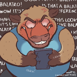 angry anthro brown_background cellphone clothed clothing cross-popping_vein electronics emanata eyebrows frown fur holding_object humor male onomatopoeia overweight overweight_anthro overweight_male phone simple_background smartphone solo sound_effects teeth text text_background the_truth tuft vein nanoff balatro nanoff_(character) capybara caviid mammal rodent 1:1 2025 english_text hi_res