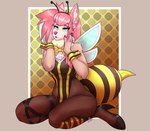 antennae_(anatomy) anthro bee_costume bow_(feature) breasts clothing cuffs_(clothing) digitigrade female fishnet_clothing fishnet_legwear footwear hair high_heels kneeling legwear pink_hair shoes solo wide_hips wings kiit0s final_fantasy final_fantasy_vii square_enix aurum_(kiit0s) canid canine canis mammal wolf hi_res