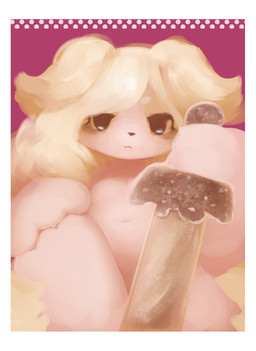 3_fingers :< anthro bangs black_lips black_nose blonde_hair blue_eyes blush border bottomless bread breasts candy chocolate circle_eyebrows clothed clothing convenient_censorship dessert dotted_background eyebrows eyelashes featureless_breasts female female_anthro fingers floppy_ears food frown fur hair holding_food holding_object kemono lips long_hair looking_at_viewer melee_weapon mouth_closed navel nude pattern_background pupils simple_background sitting slightly_chubby small_breasts solo sword tan_body tan_fur tan_skin topless weapon white_border white_eyebrows yellow_body yellow_ears yellow_fur hasukii bon_(hasukii) canid canine mammal