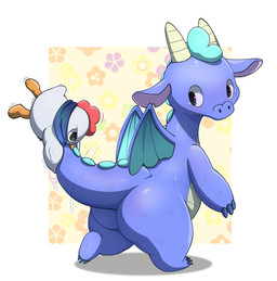 ambiguous_gender butt duo lkiws mythology steam_sale_chicken steam_sale_dragon avian bird chicken dragon galliform mythological_creature mythological_scalie phasianid scalie hi_res