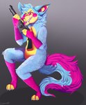 ambiguous_gender anthro blue_body blue_claws blue_eyebrows blue_fur bodily_fluids breath claws eyebrows fangs fur grey_background gun head_tuft hindpaw holding_gun holding_object holding_ranged_weapon holding_weapon licking licking_gun licking_object nude paws pink_body pink_eyes pink_fur pink_inner_ear pink_nose pink_tongue ranged_weapon saliva simple_background snout solo spiral_pupils star_pupils striped_inner_ear sweat sweaty_face tail teeth toe_claws tongue tuft two_tone_inner_ear weapon whisker_spots yellow_body yellow_fur yellow_inner_ear jaspering discotheque_ricochet canid canine canis coyote mammal 2019 digital_media_(artwork) digital_painting_(artwork) full-length_portrait hi_res portrait shaded signature nonbinary_(lore)