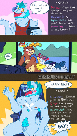 anthro armpit_hair body_hair computer controller electronics embarrassed exposed game_controller gaming genitals humiliation livestream male nipples nude penis penis_humiliation piercing pubes small_penis small_penis_humiliation solo text remmus_cobalt banjo-kazooie microsoft rareware xbox xbox_game_studios banjo_(banjo-kazooie) remmus_cobalt_(character) canid canine canis hybrid mammal wolfdog 4k 9:16 absurd_res comic english_text hi_res