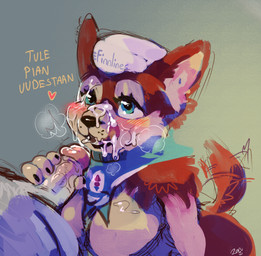 anthro blowjob_face bodily_fluids clothing company_name cum fellatio fur genital_fluids genitals humanoid_genitalia humanoid_penis licking_cum mascot oral penile penis red_body red_fur sailor_collar sailor_uniform sex stella_(finnlines) text uniform zanthu canid canine canis domestic_dog husky mammal nordic_sled_dog siberian_husky spitz finnish_text hi_res