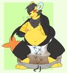 anthro diaper male nipples overweight relieved simple_background soiled_diaper solo stretch_marks unclean_diaper used_diaper juneberrysprout nintendo pokemon felid generation_4_pokemon luxray mammal pokemon_(species) digital_media_(artwork)