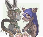 2024 anagurautubo angel anthro blonde_hair blue_hair blush breasts brown_body brown_ears brown_fur clothed clothing crimvael_(interspecies_reviewers) crossgender crossover duo_focus ear_tuft ears_up elza_(interspecies_reviewers) female fur fur_tuft grey_body group gtf_crossgender gynomorph gynomorph_(lore) hair halo hi_res humanoid_pointy_ears hyena inner_ear_fluff intersex interspecies_reviewers itf_crossgender link looking_at_viewer mammal markings mineru nintendo smoking spots spotted_body spotted_fur tears_of_the_kingdom the_legend_of_zelda topwear tuft zonai