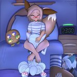 anthro bed bedroom blush bodily_fluids bottomless close-up clothed clothing crossed_legs cum duo feet fellatio furniture genital_fluids genitals male male/male oral pawpads paws penile penis sex alexander_lynx nintendo pokemon yu-gi-oh! kuriboh alolan_form alolan_vulpix canid canine duel_monster eevee generation_1_pokemon generation_7_pokemon mammal pokemon_(species) regional_form_(pokemon) 1:1 absurd_res hi_res