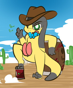 2_penises animal_genitalia animal_penis barrel bow_(feature) bow_tie can clothing cloud container cowboy_hat erection genitals green_eyes hat headgear headwear hemipenes male multi_genitalia multi_penis outside penis sky solo text thefablednekos nintendo pokemon fan_character lizzy_(majp) generation_6_pokemon helioptile pokemon_(species) 2017 dated digital_media_(artwork) hi_res