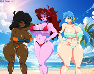 bedroom_eyes big_breasts big_butt bikini bikini_bottom bikini_top black_hair blue_hair breasts butt choker clothing dark_body dark_skin eyelashes eyewear eyewear_on_head female front-tie_bikini group hair hand_on_head hand_on_hip hands_behind_head hands_on_hips huge_breasts huge_butt jewelry light-skinned_female lipstick long_eyelashes long_hair low_ponytail makeup mature_female narrowed_eyes necklace nipple_outline o-ring pink_body ponytail red_eyes red_hair seductive sunglasses sunglasses_on_head swimwear thick_thighs tight_clothing trio two-piece_swimsuit wearing_sunglasses wide_hips xml_xrossover_(artist) friday_night_funkin' boyfriend's_mom_(mizanploz) carol's_mother_(bbpanzu) fan_character mommy_mearest angel demon human humanoid mammal absurd_res hi_res