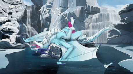 bodily_fluids claws cum erection feet feral fingers genital_fluids genitals horn lying male on_back open_mouth outside penis scales solo teeth toes tongue wings ishiru mythology rumez_(arganath) dragon mythological_creature mythological_scalie scalie 2026 digital_drawing_(artwork) digital_media_(artwork) hi_res