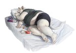 5_fingers anthro bed belly big_belly blonde_hair clothed clothing cookie dirty eyes_closed fingers food fur furniture grey_clothing grey_shirt grey_t-shirt grey_topwear hair hairless love_handles lying male messy_eater midriff obese obese_anthro obese_male on_bed on_side open_mouth overweight overweight_anthro overweight_male pantsless pantsless_male shirt sleeping solo t-shirt tail thin_tail topwear underwear white_body white_fur white_tail cettus hakon_brandvold domestic_cat felid feline felis hairless_cat mammal peterbald hi_res