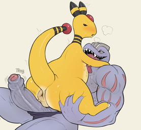 :o anus big_penis black_clothing black_eyes black_panties black_stripes black_underwear blue_body blue_penis blue_skin blush bodily_fluids body_stripes butt clothing dripping duo female forehead_gem gem genital_fluids genitals glistening glistening_butt half-closed_eyes huge_penis leaking_precum leg_grab looking_at_another looking_back male male/female muscular muscular_male narrowed_eyes open_mouth open_smile panties penis pink_eyes precum precum_on_penis puffy_anus pupils red_stripes saliva saliva_drip saliva_on_chest saliva_on_tongue saliva_string sharp_teeth shaved_vulva simple_background smile snout steamy_breath stripes sweat sweaty_butt sweaty_face tail teeth thick_tail throbbing throbbing_penis tongue tongue_out tremble_spikes underwear vaginal_fluids vaginal_fluids_on_penis vein veiny_penis vulva white_pupils yellow_anus yellow_background yellow_body yellow_skin yellow_tail yellow_vulva hewa nintendo pokemon ampharos generation_1_pokemon generation_2_pokemon machoke pokemon_(species) 2026 hi_res