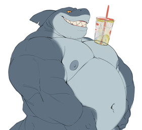 anthro belly beverage big_belly big_muscles big_pecs container cup drinking_straw earless grey_body grey_nipples grey_skin male multicolored_body multicolored_skin musclegut muscular muscular_anthro muscular_male navel nipples nude orange_sclera overweight overweight_anthro overweight_male pecs sharp_teeth simple_background smile solo teeth two_tone_body two_tone_skin white_background qigiu fish marine shark 2025 half-length_portrait hi_res portrait