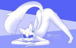 anthro ass_up blue_background blush eyebrows female fur green_accessory jack-o'_pose nude outline pose purple_background raised_eyebrow simple_background solo spread_legs spreading text white_body white_fur exyli discord_(app) clyde_(discord) felid mammal absurd_res artist_name english_text hi_res meme