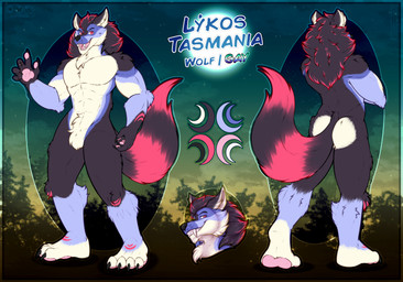 abs anthro arm_tuft butt cheek_tuft chest_tuft crotch_tuft elbow_tuft facial_tuft fangs fluffy fluffy_tail forest forest_background fur hair long_fangs male moon multicolored_body multicolored_fur multicolored_hair nature nature_background neck_tuft nude nude_anthro nude_male pawpads pecs plant plantigrade plantigrade_pawpads simple_background tail teeth tree tuft aktiloth canid canine canis mammal wolf absurd_res hi_res model_sheet