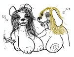 anthro areola big_areola blonde_hair bodily_fluids breasts cigarette drooling duo female hair hug makeup mascara mature_female messy messy_hair running_makeup running_mascara saliva sharp_teeth teeth tongue tongue_out xyzzerxxx canid canine canis domestic_dog hyena mammal bust_portrait portrait sketch