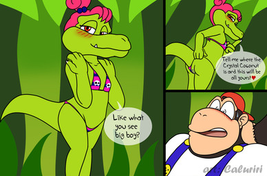 age_difference anthro bikini blush bodily_fluids butt clothed clothing duo female genitals loli male male/female micro_bikini older_male presenting presenting_vulva sweat swimwear text two-piece_swimsuit vulva young young_anthro young_female caluriri donkey_kong_(series) nintendo chunky_kong kass_(donkey_kong) crocodilian haplorhine kremling mammal monkey primate reptile scalie english_text