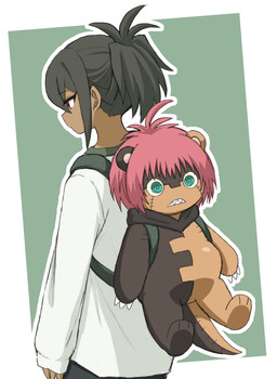 anthro backpack belly black_hair blue_eyes brown_body brown_fur duo fur hair male pink_hair plushie seam_(sewing) sharp_teeth slightly_chubby teeth kadoko5 bandai_namco digimon digimon_beatbreak granit_(digimon_beatbreak) animate_inanimate digimon_(species) human living_plushie mammal
