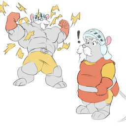 anthro armor beard bottomwear clothing exclamation_point facial_hair headgear helmet male mature_male musclegut muscular mustache overweight overweight_male shorts simple_background solo standing white_background phineart mammal mouse murid murine rodent 1:1 2026 hi_res