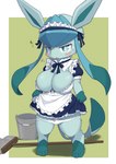 anthro big_breasts blue_body blue_eyes blush border breasts cleavage clothed clothing female female_anthro green_background kemono looking_at_viewer maid_uniform partially_clothed pokemorph raised_clothing shadow short_stack simple_background solo underwear underwear_down uniform white_border koorinezumi nintendo pokemon eeveelution generation_4_pokemon glaceon pokemon_(species) digital_media_(artwork) hi_res